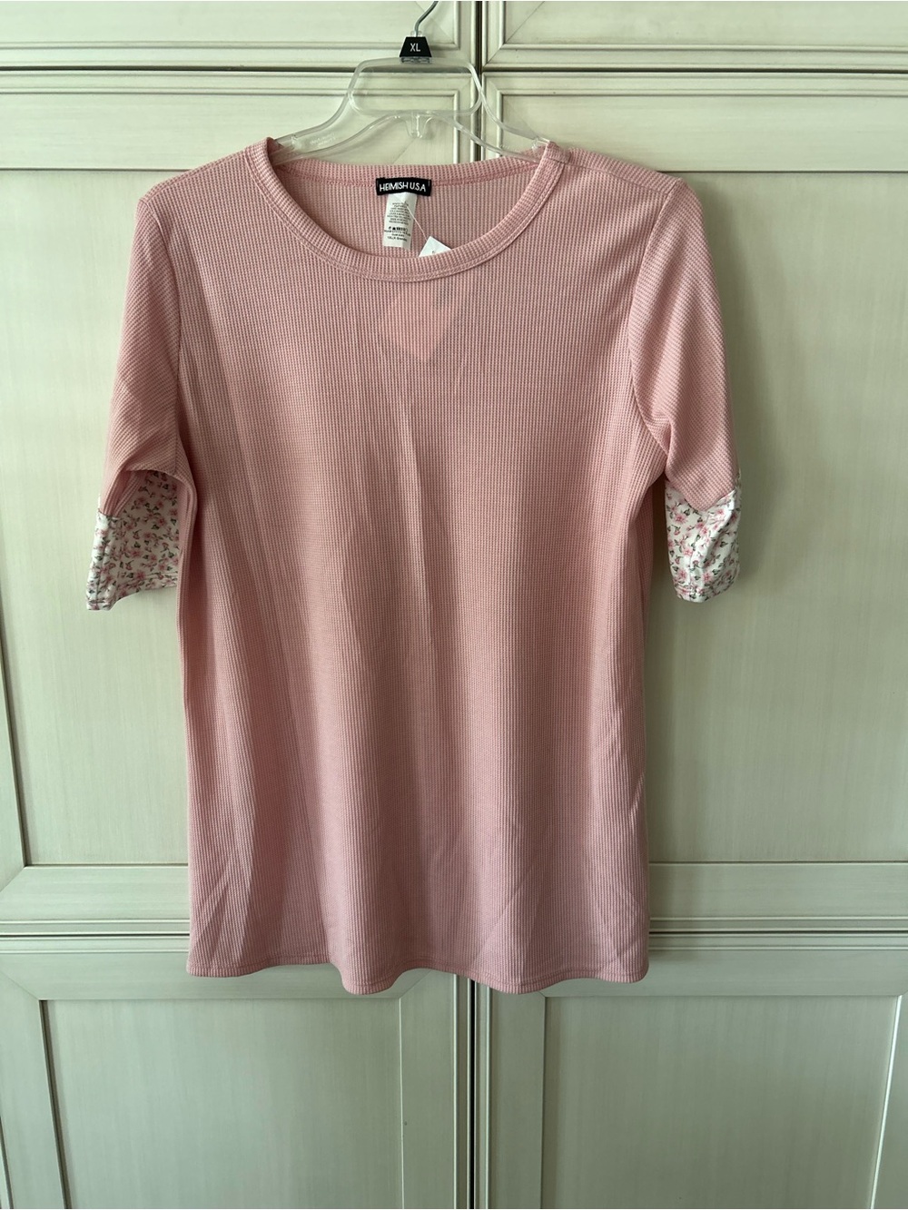 HEIMISH USA Pink Ribbed Short Sleeve Top with Floral Cuffs